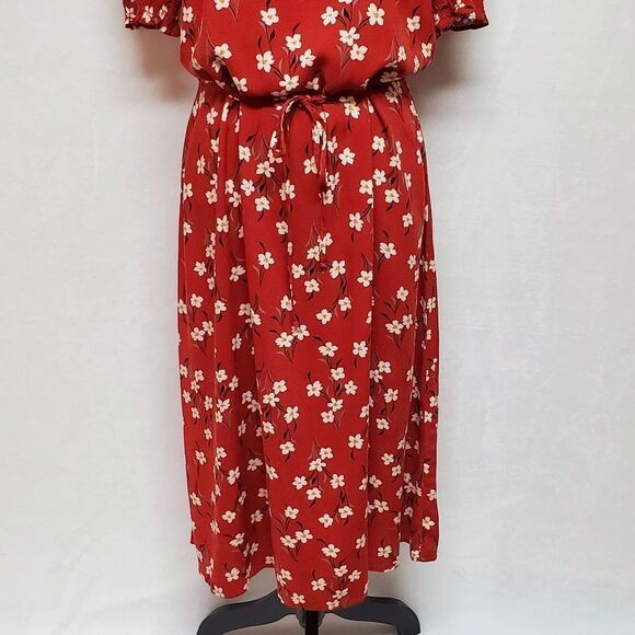 VINTAGE Red White Floral Boho Smocked Sleeve Keyhole Belted Maxi Dress Large - Picture 4 of 12